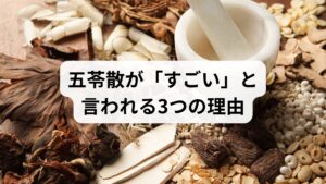 五苓散は、他の漢方薬や西洋薬にはない独自のメリットを持っています。

① 「水毒（すいどく）」を劇的に改善する
東洋医学では、体内の水分バランスが崩れた状態を「水毒」と呼びます。五苓散は、血管の外に漏れ出した余分な水分を血管内に戻し、尿として排出を促します。この**「水の偏り」を治す力**が、多くの人を救っています。

② 西洋医学にはない「気象病」へのアプローチ
低気圧による頭痛やだるさは、内耳（耳の奥）のむくみが原因と言われています。五苓散はこの内耳のむくみを和らげるため、低気圧女子・男子にとっての「お守り」のような存在になっています。

③ 即効性が期待できる
漢方は長く飲まないと効かないイメージがありますが、五苓散は比較的即効性があるのも特徴です。二日酔いや急性の下痢など、その場のトラブルにも対応できます。