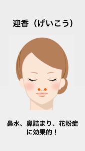 ここでは、特に即効性が高く、誰でも簡単に場所を見つけられる高効果なツボを5つ紹介します。

① 迎香（げいこう） — 鼻通りの代名詞 「香りを迎える」という名の通り、鼻の機能を正常化させる最重要のツボです。鼻づまりだけでなく、慢性的な鼻水や、匂いが分かりにくいといった嗅覚の異常にも広く用いられます。
・場所： 小鼻の左右の膨らみのすぐ脇、ほうれい線が交わるくぼみ。
・押し方： 両手の人差し指の腹をツボに当て、顔の中心に向かってやや強めにじんわりと3〜5秒押し続けます。

② 鼻通（びつう） — 上気道をスッキリ開通 迎香の少し上に位置するツボで、迎香とセットで刺激することで相乗効果が得られます。特に鼻の奥の通りを良くする効果に優れています。
・場所： 小鼻の少し上、鼻の骨（硬い部分）のキワの両側。
・押し方： 人差し指で上下に優しくこするようにマッサージするか、やや長めに静かに押し込むと効果が出やすくなります。

③ 印堂（いんどう） — 鼻水ピタッとリラックス 眉間にあるツボで、鼻の通りを良くするだけでなく、自律神経を安定させてイライラや不安を鎮める効果があります。精神を落ち着かせるため、夜寝る前のセルフケアに最適です。
・場所： 左右の眉のちょうど真ん中（眉間の中央）。
・押し方： 中指または親指の腹を当て、心地よいと感じる強さで円を描くように優しくもみほぐします。

④ 合谷（ごうこく） — 万能の鎮痛・消炎ツボ 手にある万能ツボで、顔面部の症状（鼻水、鼻づまり、頭痛、歯痛など）全般に対して強力な消炎・鎮痛作用を持ちます。布団の中で手を揉むだけなので、最も手軽に実践できます。
・場所： 手の甲側、親指と人差し指の骨が交わる手前のくぼみ（やや人差し指寄りの骨のキワ）。
・押し方： 反対側の親指で、人差し指の骨の方向に向かって痛気持ちいい強さでギューッと押し込みます。

⑤ 天柱（てんちゅう） — 後頭部から血流促進 首の後ろにあるツボで、頭部および鼻周辺への血流を劇的に向上させます。首こり・肩こりの解消にもなり、寝姿勢による頭部のうっ血を強力に改善します。
・場所： 首の後ろにある太い筋肉の外側のくぼみ、髪の生え際あたり。
・押し方： 頭を包み込むように両手を添え、親指で上に向かって押し上げるように刺激します。